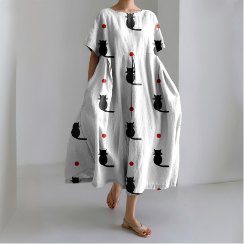 Japanese Cat Art Pattern Linen Blend Dress