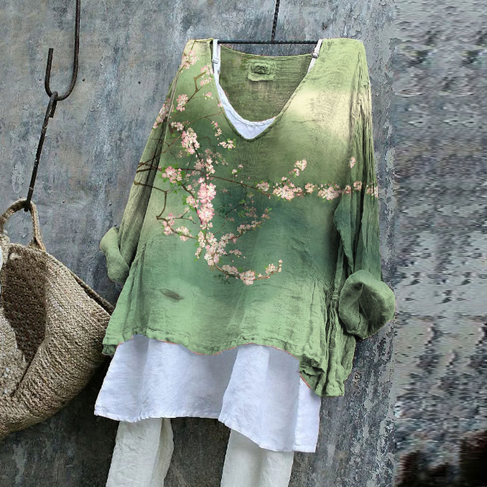 Japanese Cherry Blossom Art Linen Blend Flowy Tunic