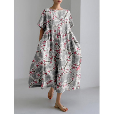 Japanese Cherry Blossom Art Linen Blend Maxi Dress