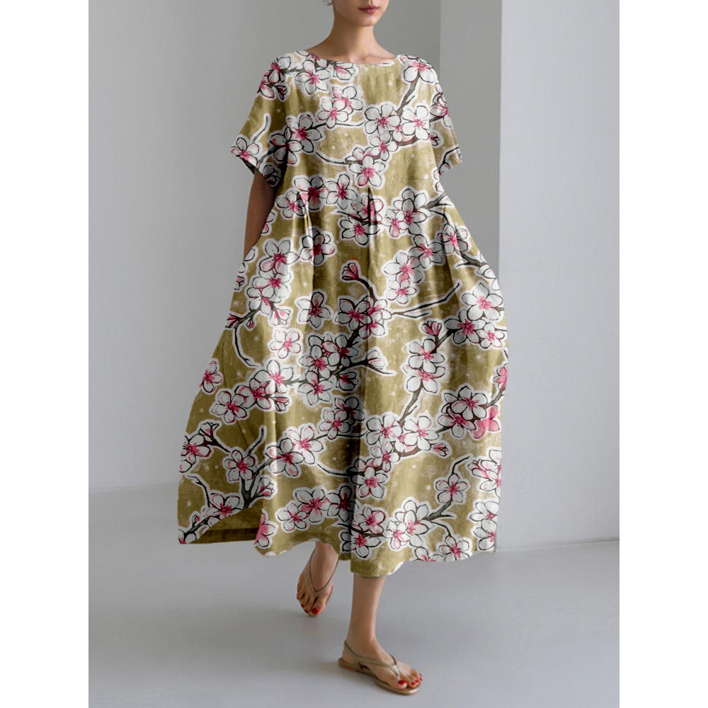 Japanese Cherry Blossom Art Linen Blend Maxi Dress
