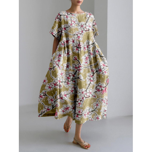 Japanese Cherry Blossom Art Linen Blend Maxi Dress