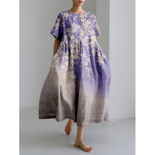 Japanese Cherry Blossom Art Linen Blend Maxi Dress