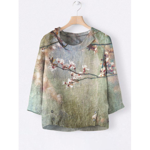 Japanese Cherry Blossom Art Painting Linen Lapel Shirt