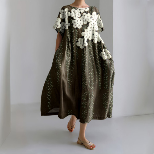 Japanese Cherry Blossom Art Print Short Sleeved Loose Midi Dress