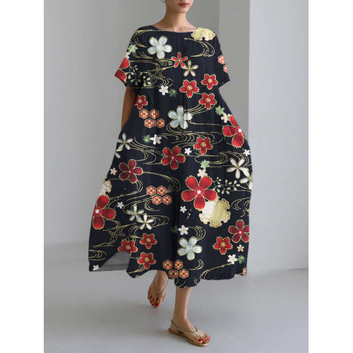 Japanese Cherry Blossom Linen Short Sleeve Maxi Dress