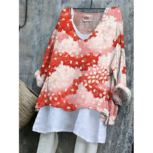 Japanese Cherry Blossom Linen V-Neck Loose Shirt