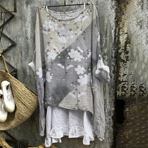 Japanese Cherry Blossom Print Round Neck Loose Blouse