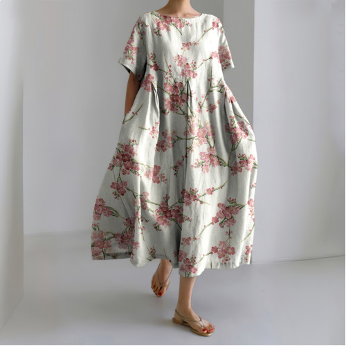 Japanese Cherry Blossoms Art Linen Blend Casual Dress