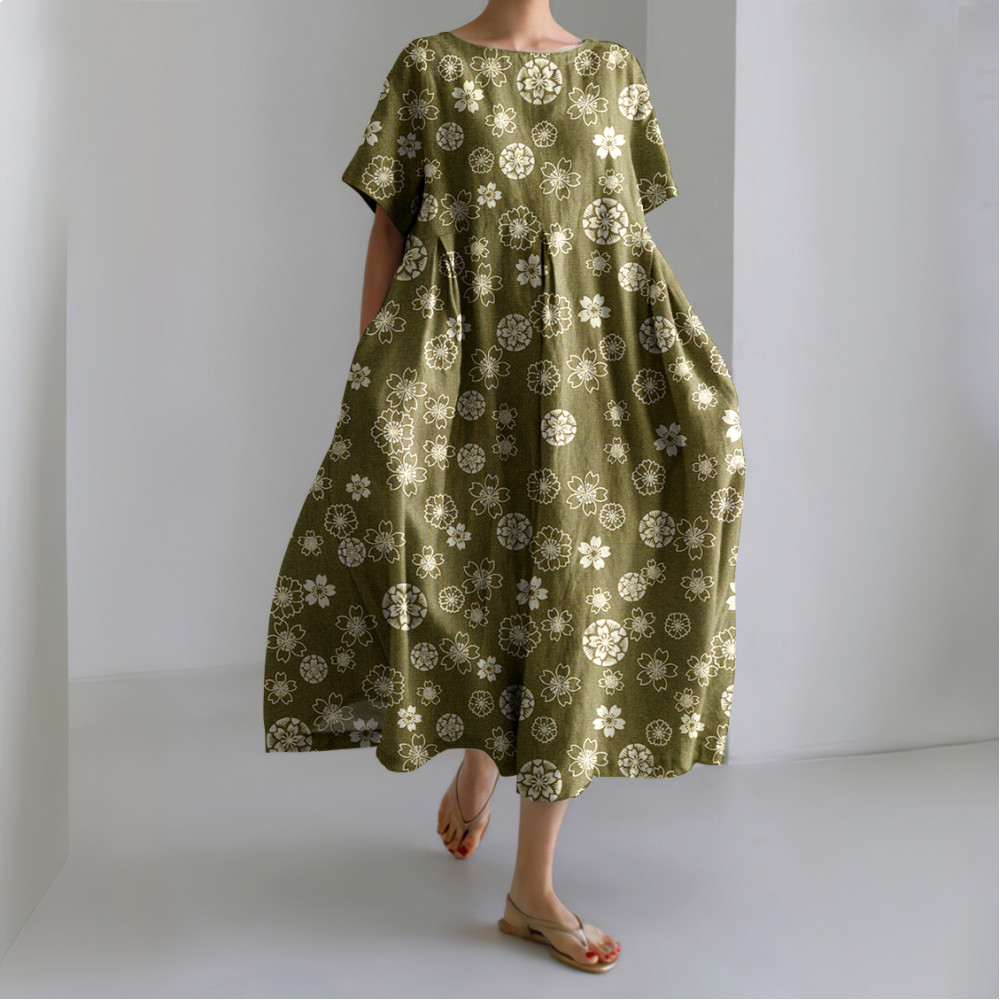 Japanese Cherry Blossoms Art Linen Blend Casual Dress
