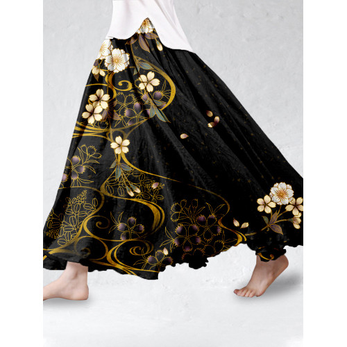 Japanese Cherry Blossoms Art Linen Blend Flowy Wide Skirt