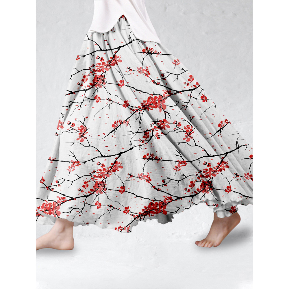 Japanese Cherry Blossoms Art Linen Blend Flowy Wide Skirt