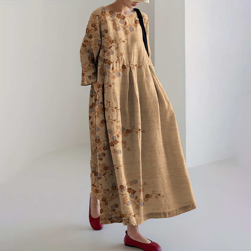 Japanese Cherry Blossoms Art Linen Blend Long Sleeve Maxi Dress