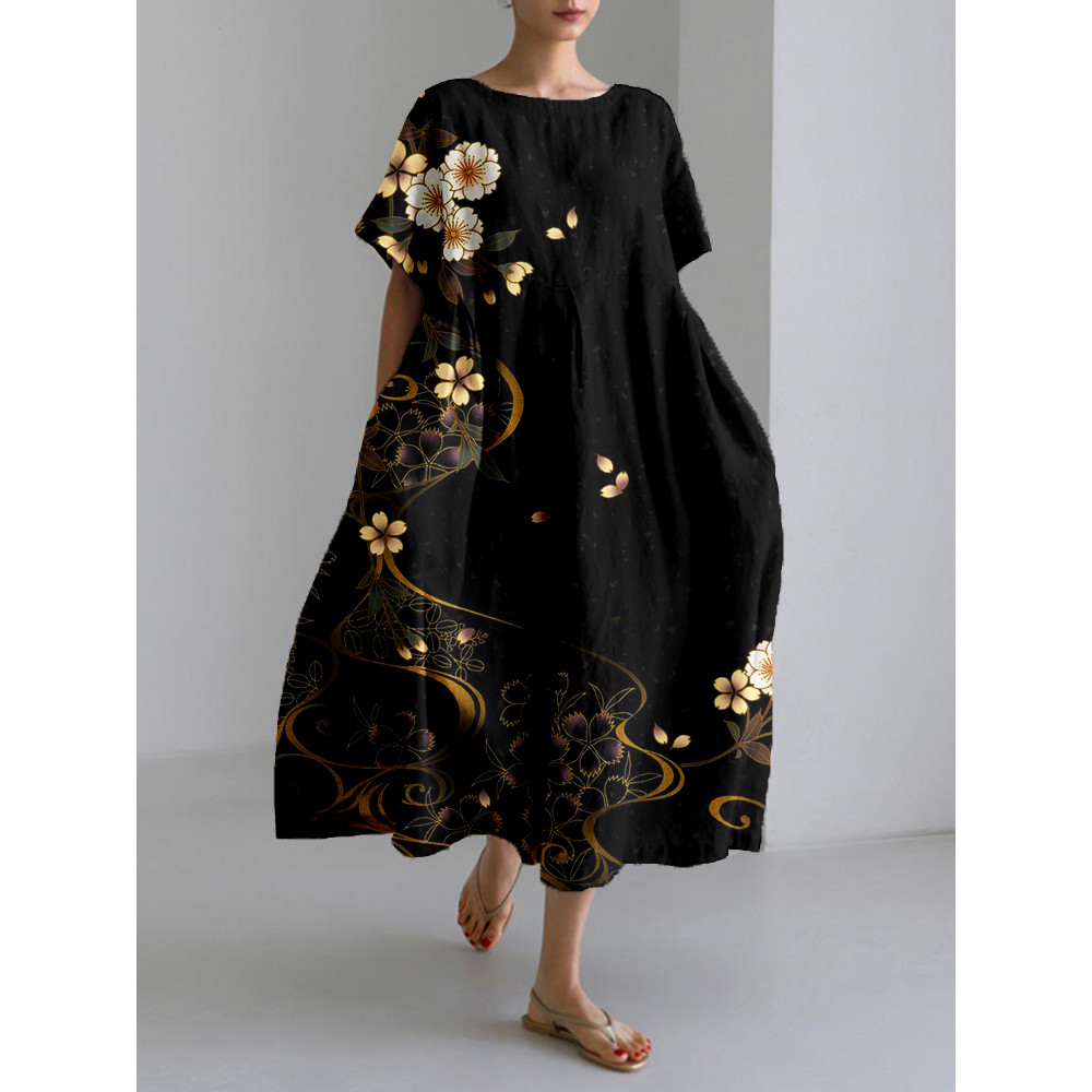Japanese Cherry Blossoms Art Linen Blend Maxi Dress