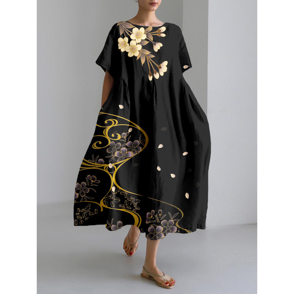 Japanese Cherry Blossoms Art Linen Blend Maxi Dress