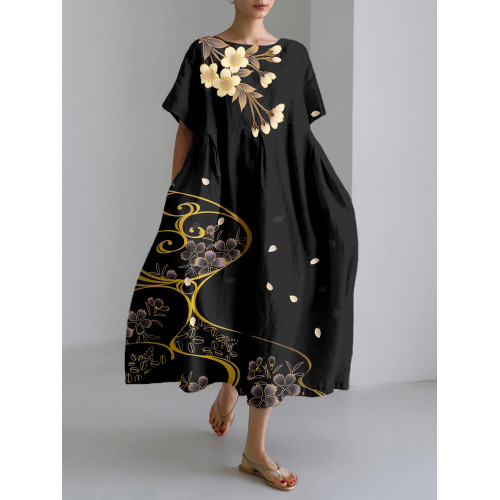 Japanese Cherry Blossoms Art Linen Blend Maxi Dress