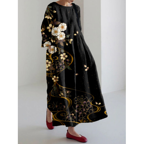 Japanese Cherry Blossoms Art Linen Blend Maxi Dress