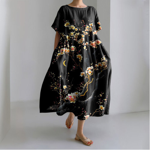 Japanese Cherry Blossoms Art Linen Blend Maxi Dress