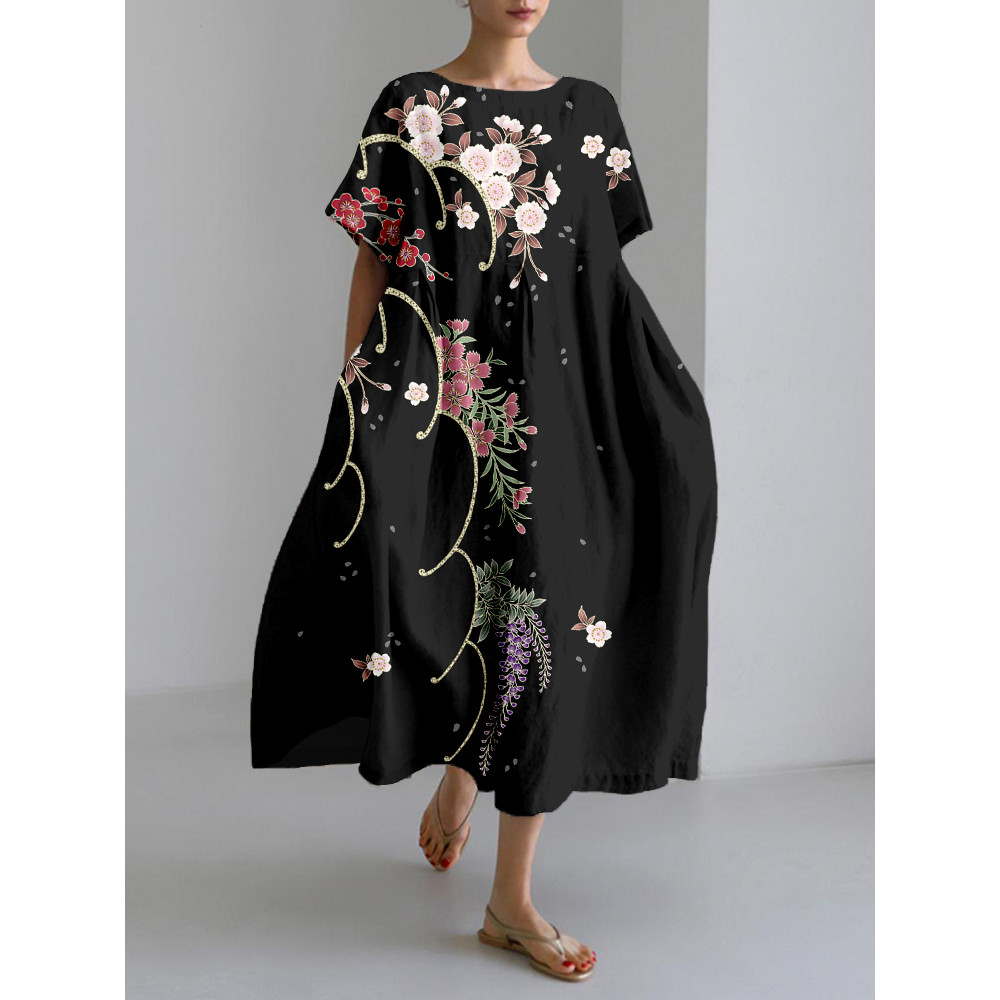 Japanese Cherry Blossoms Art Linen Blend Maxi Dress