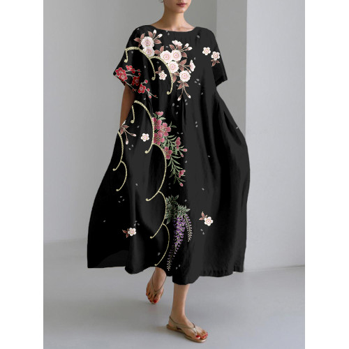 Japanese Cherry Blossoms Art Linen Blend Maxi Dress
