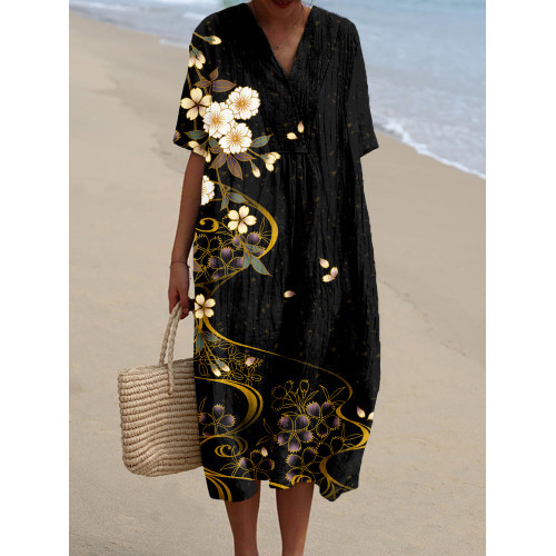 Japanese Cherry Blossoms Art Linen Blend Midi Dress