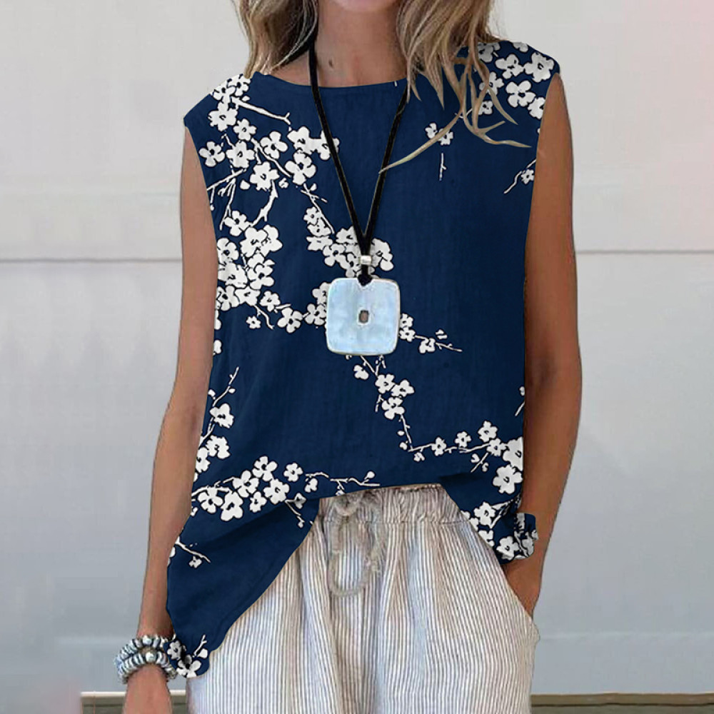 Japanese Cherry Blossoms Art Printed Casual Sleeveless Top