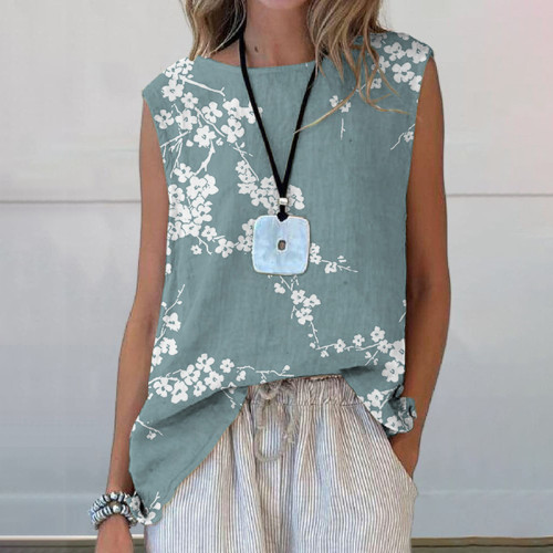 Japanese Cherry Blossoms Art Printed Casual Sleeveless Top