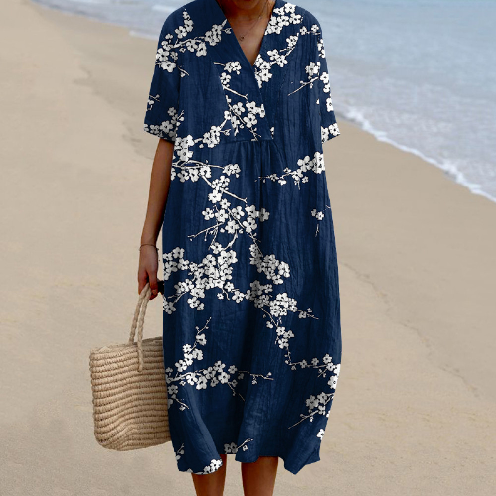 Japanese Cherry Blossoms Art  Printed V Neck Casual Midi Dress