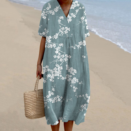 Japanese Cherry Blossoms Art  Printed V Neck Casual Midi Dress