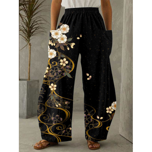 Japanese Cherry Blossoms Art Wide Leg Casual Pants