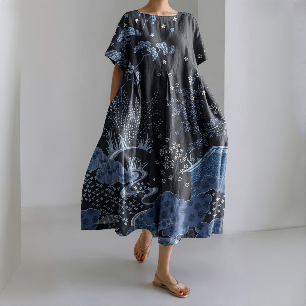 Japanese Cherry Blossoms Vintage Art Linen Blend Maxi Dress