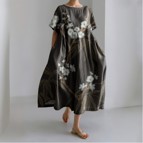 Japanese Cherry Blossoms&Bamboo Vintage Art Linen Blend Maxi Dress