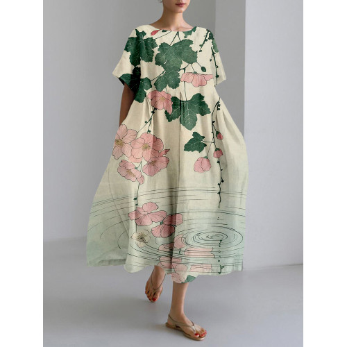 Japanese Chiyogami Inspired Pattern Linen Blend Maxi Dress