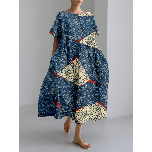 Japanese Chiyogami Inspired Pattern Linen Blend Maxi Dress