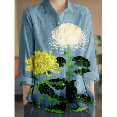 Japanese Chrysanthemum Art Linen Blend Blouse