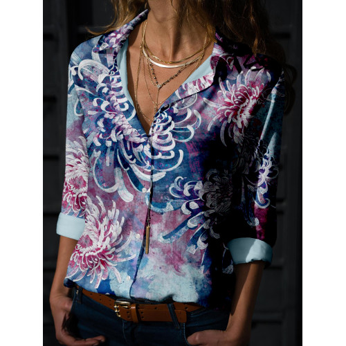 Japanese Chrysanthemum Pattern Linen Blend Blouse