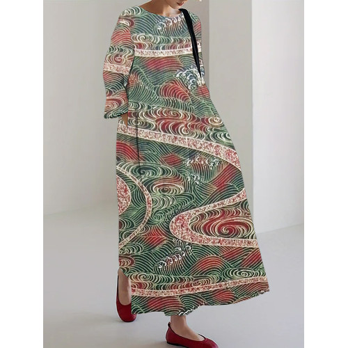 Japanese Cloud Print Linen Blend Cozy Maxi Dress