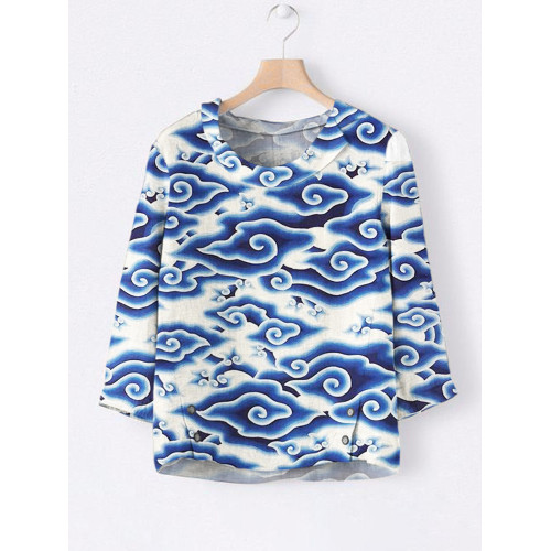 Japanese Cloud Print Linen Ladies' Lapel Shirt