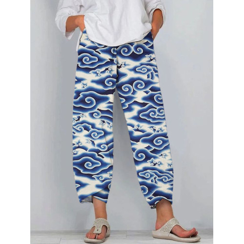 Japanese Cloud Print Linen Ladies' Pants