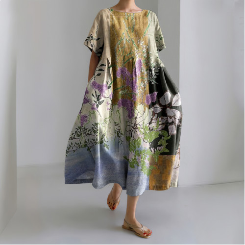 Japanese Color Block Floral Art Printed Crew Neck Casual Midi Dress