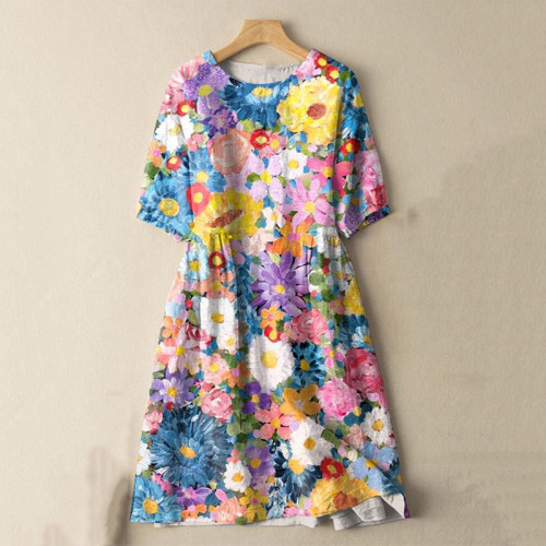 Japanese  Colorful Watercolor Spring Flowers Print Cotton Linen Blend Midi Dress