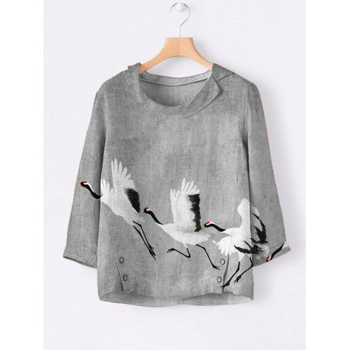 Japanese Crane Art Linen Lapel Shirt