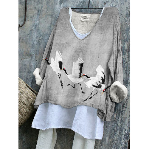 Japanese Crane Art V-Neck Loose Top