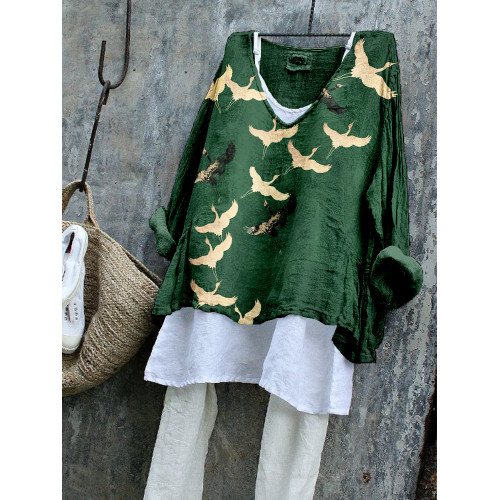 Japanese Crane Formation Pattern Linen Blend Flowy Tunic