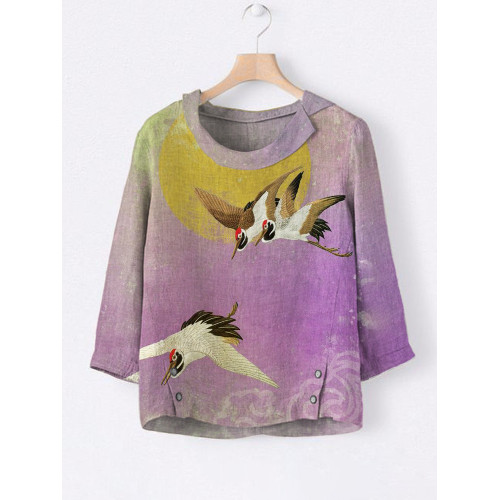 Japanese Crane Gradient Print Linen Lapel Shirt