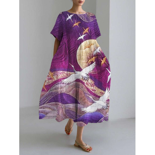 Japanese Crane Short Sleeve Linen Maxi Dress