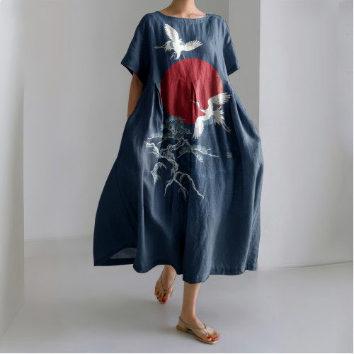 Japanese Crane & Red Sun Printed Linen Blend Maxi Dress