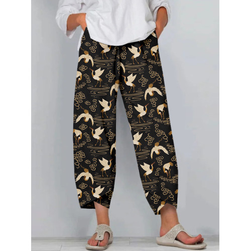Japanese Cranes Art Cropped Casual Pants