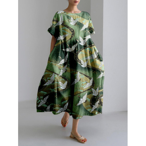 Japanese Cranes Art Linen Blend Shirt Sleeve Midi Dress