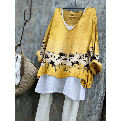 Japanese Cranes Art Vintage Linen Blend Flowy Tunic
