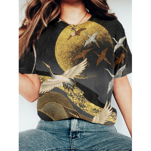 Japanese Cranes Flight to Golden Moon Art Comfy T Shirt